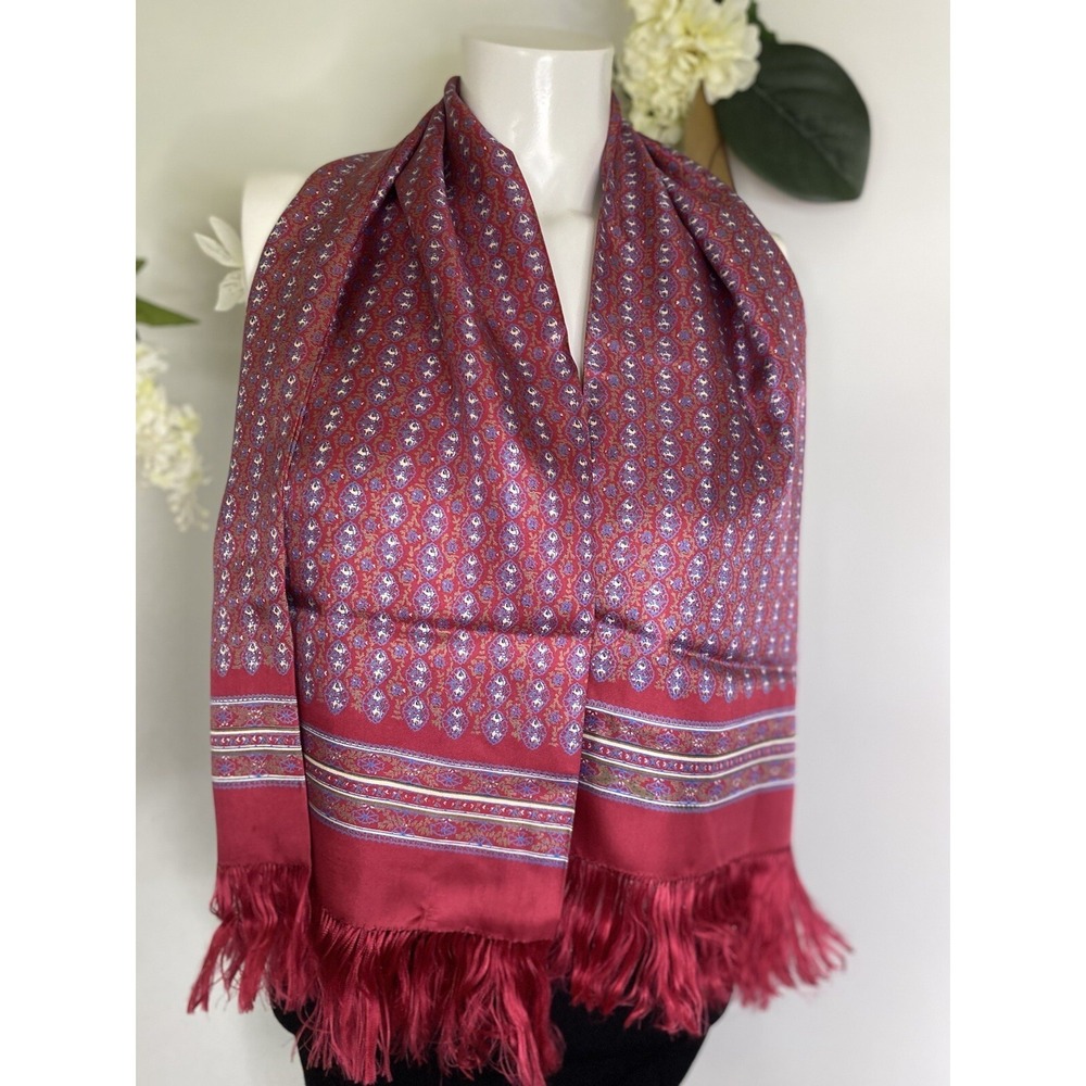 Japanese 100% Silk Fringe Vintage Red White Blue Rectangular Scarf 12"x45" NWOT - Picture 2 of 16